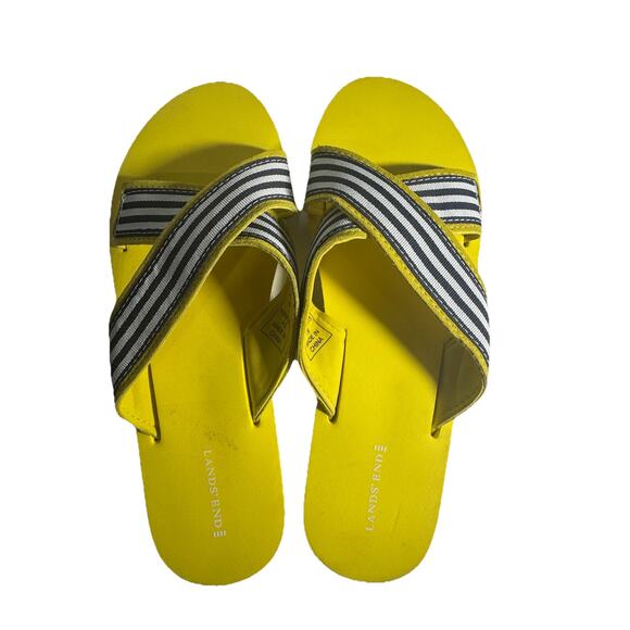 New Land's End Yellow Sandals Slides 90s Vibes Navy and White Stripe Preppy Boat - Picture 2 of 8